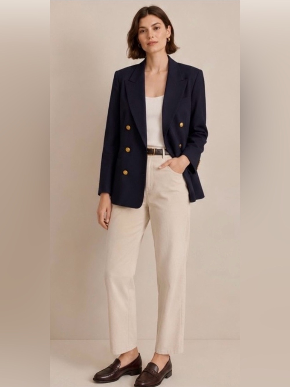 Talbots Navy Double-Breasted Wool Blazer with Gold Buttons
